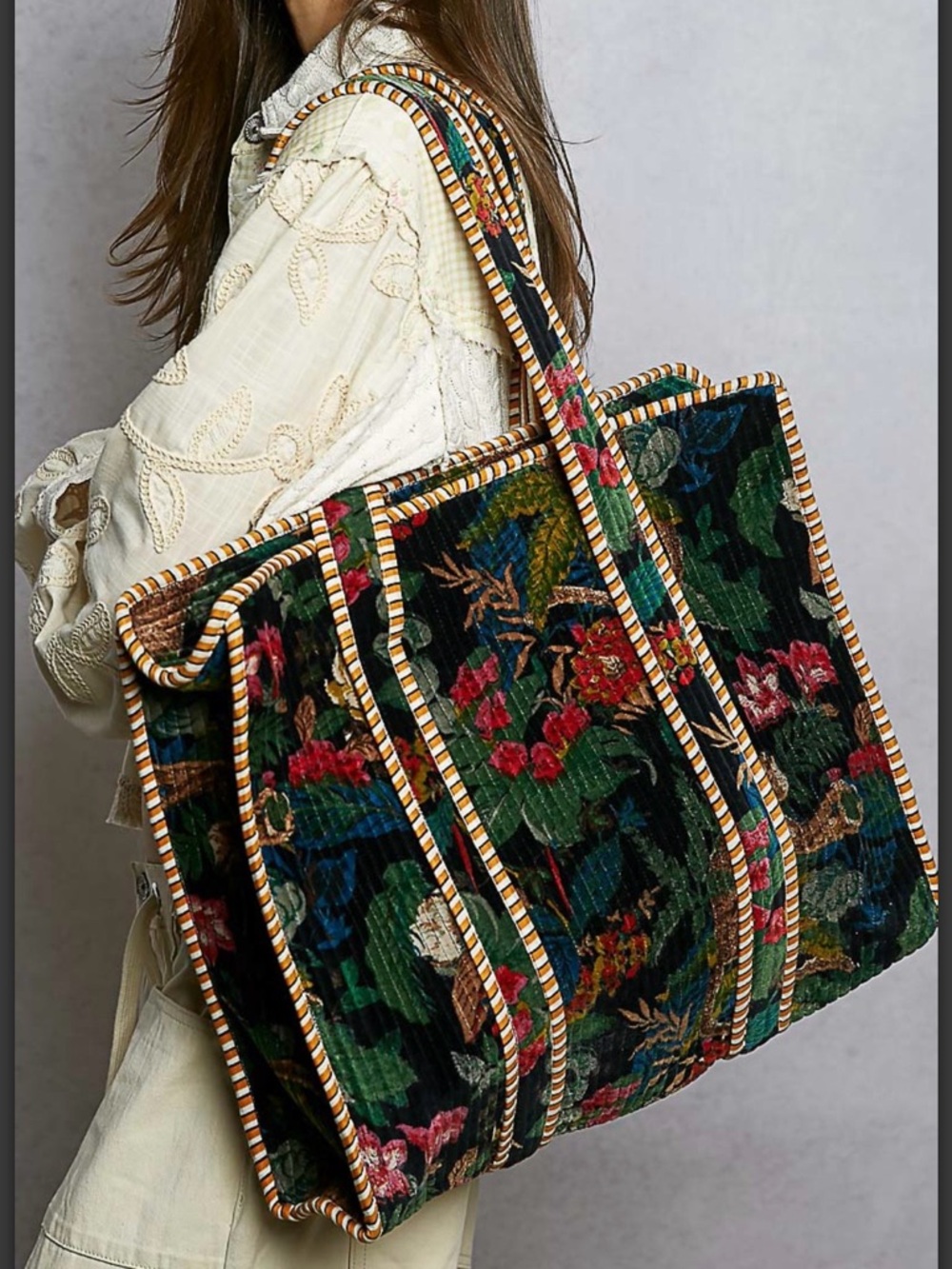 POL SMQP12 Floral Velvet Tote Bag with Striped Trim - Black Multi - Picture 8 of 10